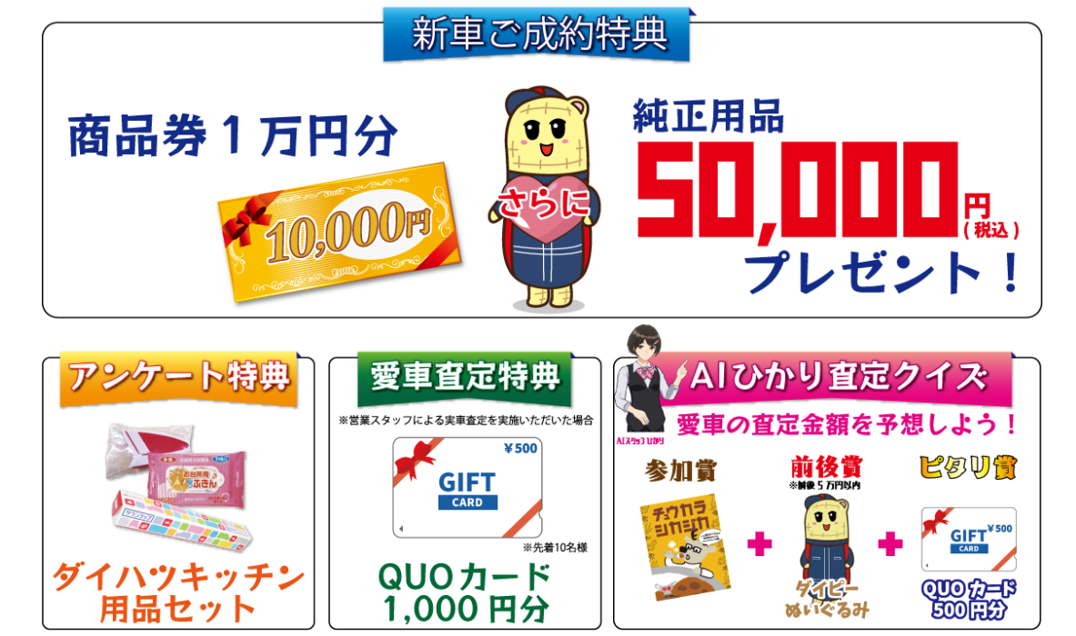 新車ご成約特典 商品券1万円分＆純正用品5万円(税込)プレゼント！アンケート特典、愛車査定特典、AIひかり査定クイズ